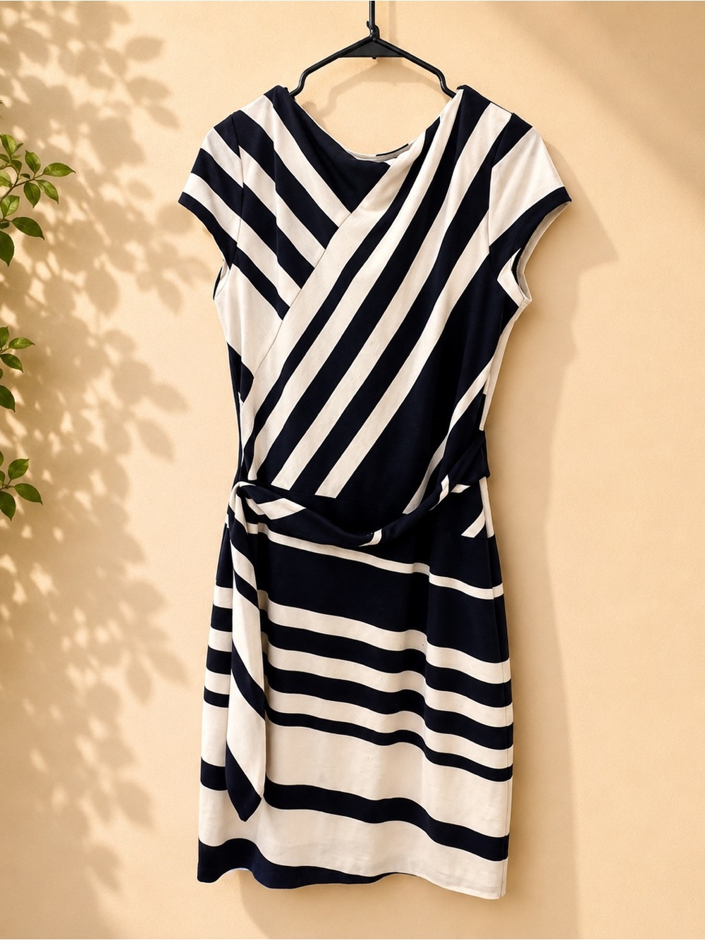 Cache Navy & White Striped Ruched Sheath Dress | Fully Lined | Size L - Picture 3 of 4